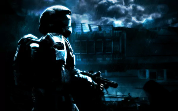HD PC desktop wallpaper featuring a dark, atmospheric scene from the video game Halo 3: ODST with a lone soldier in futuristic armor holding a weapon.