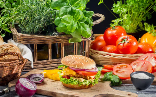 HD PC desktop wallpaper showing a fresh, vibrant burger surrounded by colorful vegetables and herbs on a rustic wooden surface.