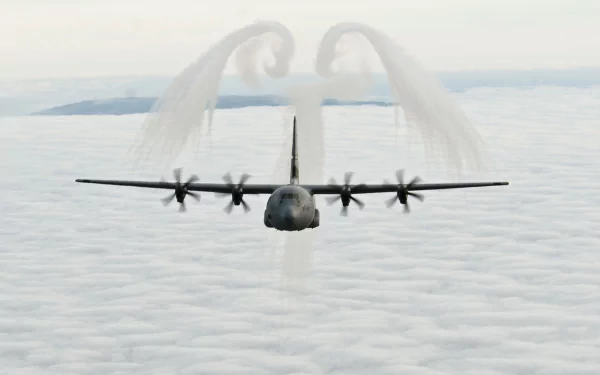 HD desktop wallpaper featuring a Lockheed AC-130 military aircraft flying above a sea of clouds with a faint winged emblem in the sky.