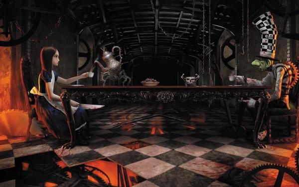 HD PC desktop wallpaper from the video game Alice: Madness Returns featuring a dark, surreal tea party scene with Alice and twisted characters in a gothic environment.
