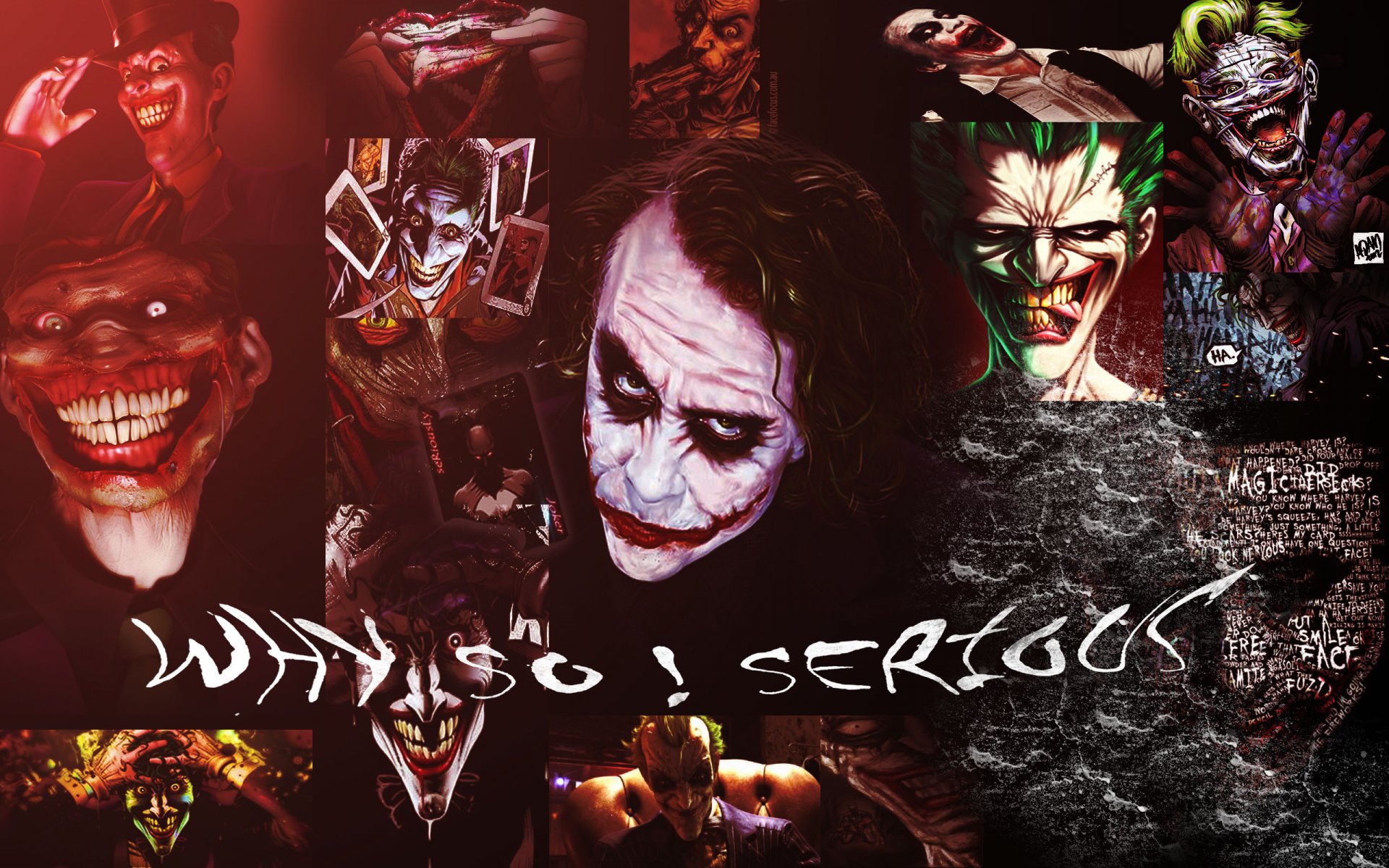 HD PC desktop wallpaper featuring various intense and dark comic-style Joker illustrations with the phrase Why So Serious? prominently displayed.