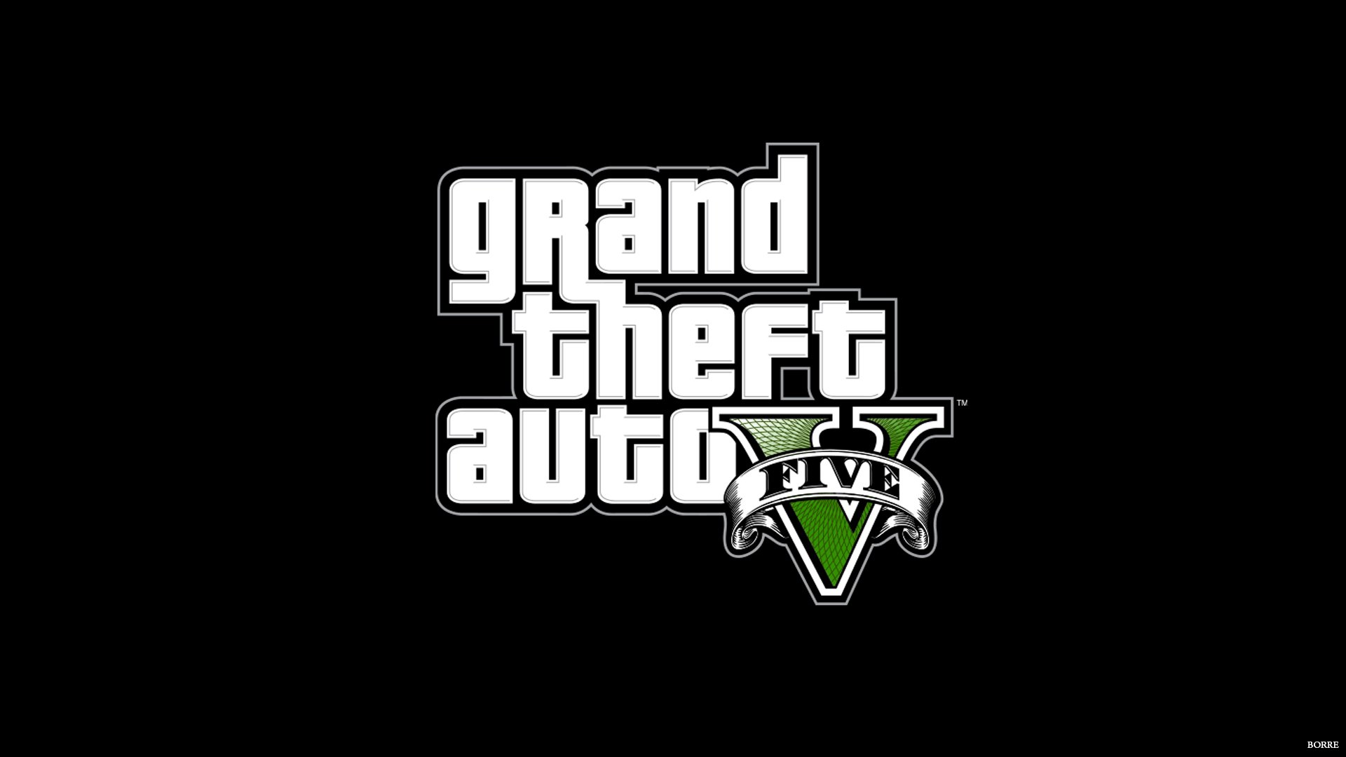 A sleek HD desktop wallpaper featuring the iconic logo of Grand Theft Auto V, showcasing its distinct typography and vibrant colors against a black background.