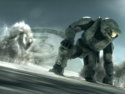 HD PC desktop wallpaper and background: Master Chief in green MJOLNIR armor kneeling on a stormy battlefield with a faded Halo 3 emblem behind — Halo video game artwork.