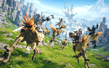 Chocobos from Final Fantasy XIV: A Realm Reborn roam a vibrant landscape, showcasing stunning HD detail in this dynamic video game wallpaper.