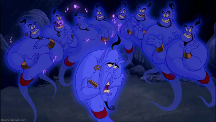 HD wallpaper featuring multiple Genie characters from Disney's 1992 film Aladdin, set against a dark cave backdrop.