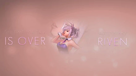 HD PC desktop wallpaper featuring Riven from League of Legends, set against a soft pink background with stylized text elements from the video game.
