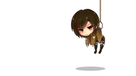 HD desktop wallpaper of Mikasa Ackerman from Attack on Titan, depicted as a chibi character swinging on a rope, against a plain white background.