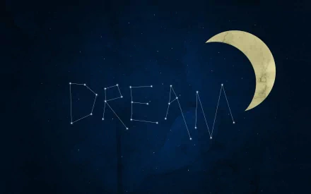 An artistic HD desktop wallpaper featuring the word DREAM formed by stars against a dark night sky, complemented by a glowing crescent moon.