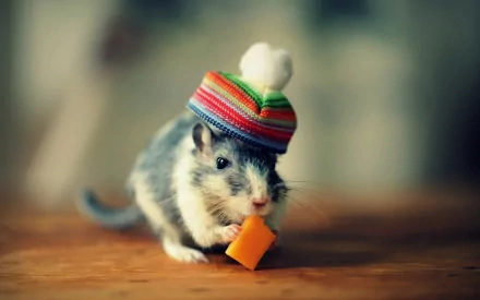 A cute mouse wearing a colorful striped hat enjoys a piece of cheese. This charming image makes for an engaging HD PC desktop wallpaper and background.