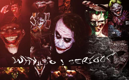 HD PC desktop wallpaper featuring various intense and dark comic-style Joker illustrations with the phrase Why So Serious? prominently displayed.