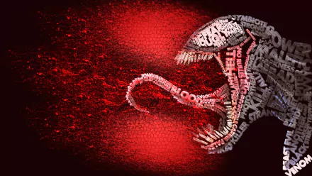 A dynamic HD PC desktop wallpaper featuring a comic-style depiction of Venom, composed of words, set against a striking red background.