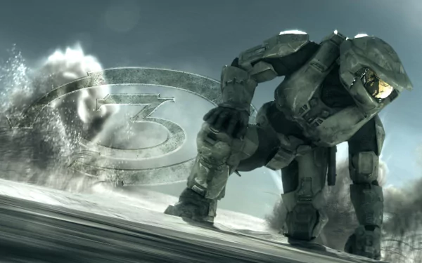 HD PC desktop wallpaper and background: Master Chief in green MJOLNIR armor kneeling on a stormy battlefield with a faded Halo 3 emblem behind — Halo video game artwork.