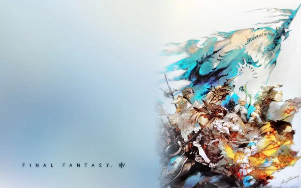 A dynamic HD wallpaper featuring art from Final Fantasy XIV: A Realm Reborn, showcasing vibrant colors and epic characters in a dramatic battle scene.