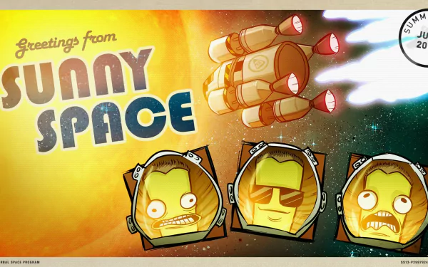 HD Kerbal Space Program desktop wallpaper featuring three animated astronauts and a rocket with the text Greetings from sunny space.