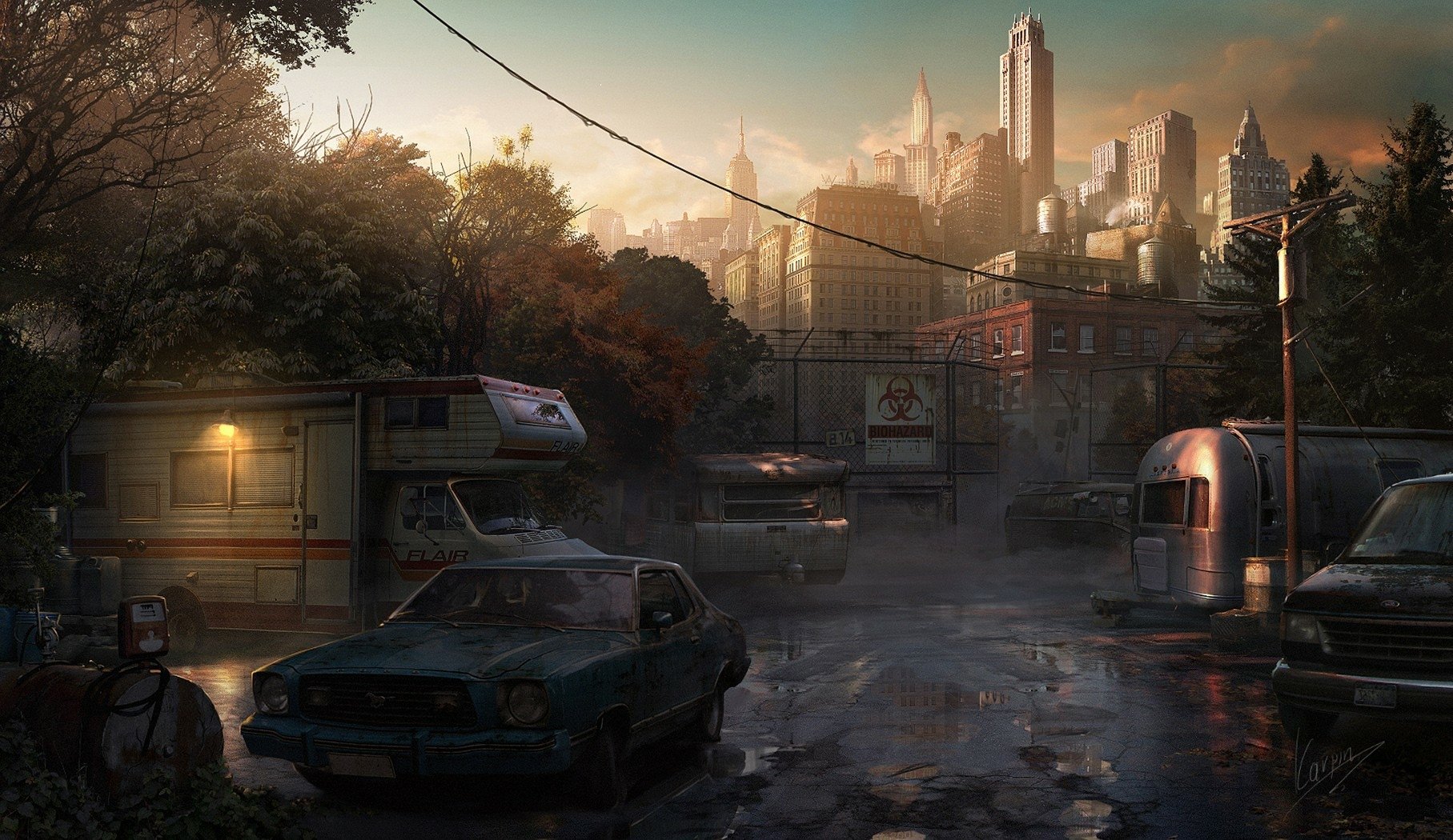 HD PC desktop wallpaper depicting a sci-fi biohazard scene with abandoned vehicles, a gated quarantine zone, and a distant city skyline under a moody sky.