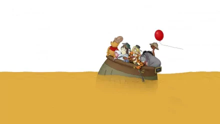 HD desktop wallpaper of Winnie the Pooh characters in a boat with a red balloon, set against a plain honey-colored background.