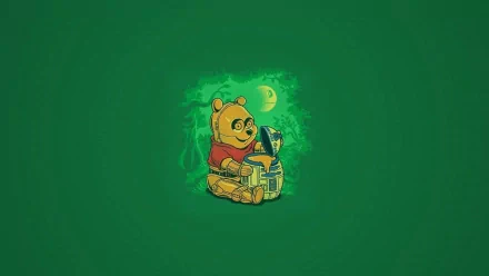 A vibrant HD wallpaper featuring Winnie the Pooh, joyfully sitting with his honey pot against a rich green background, capturing the charm of the beloved TV show.