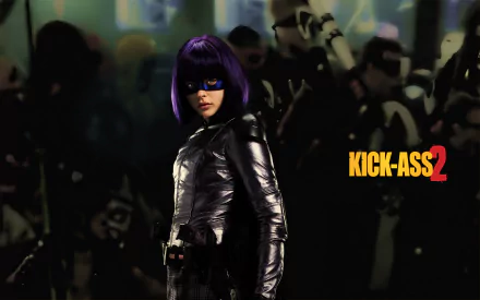 A striking HD wallpaper featuring a character from Kick-Ass 2, showcasing a fierce pose against a crowd background, capturing the film's dynamic and edgy vibe.