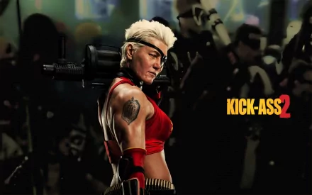 HD PC desktop wallpaper featuring a fierce female character from the Kick-Ass movie series, prominently showing the Kick-Ass 2 logo.