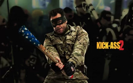 HD PC desktop wallpaper featuring a masked character wielding a star-spangled bat from the movie Kick-Ass 2, set against a dark, action-packed background.