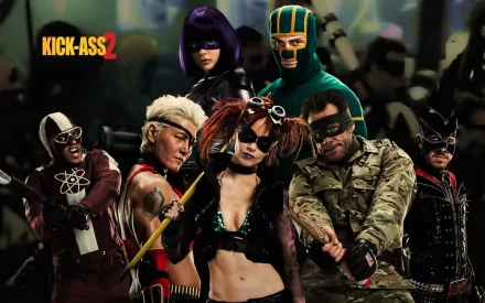 A dynamic scene from Kick-Ass 2, featuring an ensemble of masked heroes and villains, showcases the vibrant style and action-packed vibe of the movie in this HD desktop wallpaper.