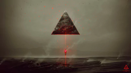 Artistic HD wallpaper of a floating triangle emitting a red beam over a gloomy seascape.