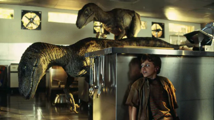 HD wallpaper of a scene from Jurassic Park featuring a Velociraptor in the kitchen with Tim Murphy.