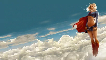 HD desktop wallpaper featuring Kara Zor-El as Supergirl, soaring above the clouds in a dynamic comic book style illustration.
