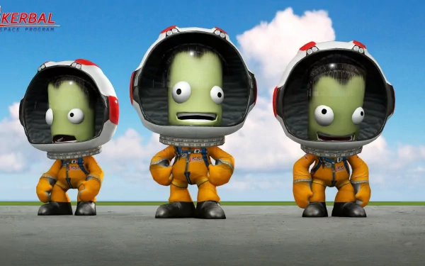 HD desktop wallpaper featuring three Kerbal characters from Kerbal Space Program against a sky backdrop.