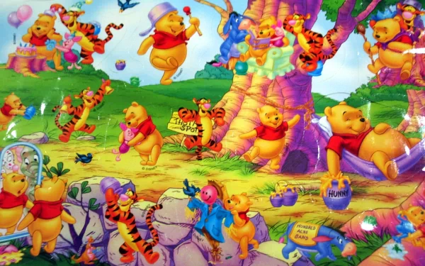 HD desktop wallpaper featuring colorful scenes with multiple Winnie the Pooh characters in various cheerful activities.