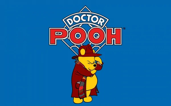 HD desktop wallpaper featuring Winnie the Pooh dressed as a doctor with DOCTOR POOH text, set against a blue background.
