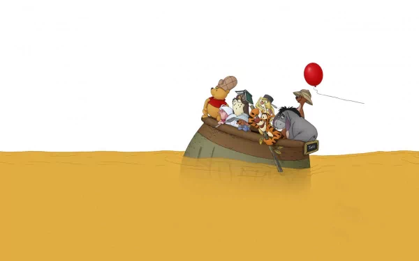 HD desktop wallpaper of Winnie the Pooh characters in a boat with a red balloon, set against a plain honey-colored background.