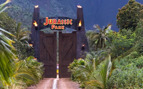 HD wallpaper of the iconic Jurassic Park gate set against a lush, tropical backdrop.