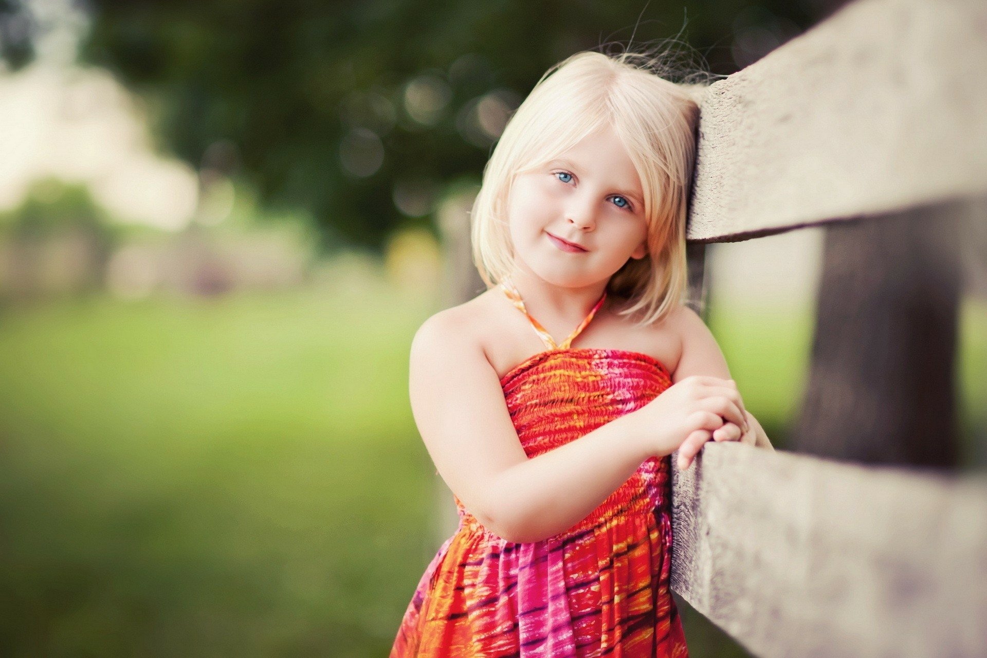 HD photography of a young blonde child leaning on a rustic wooden fence with a blurred green background, captured as a vibrant desktop wallpaper and background.