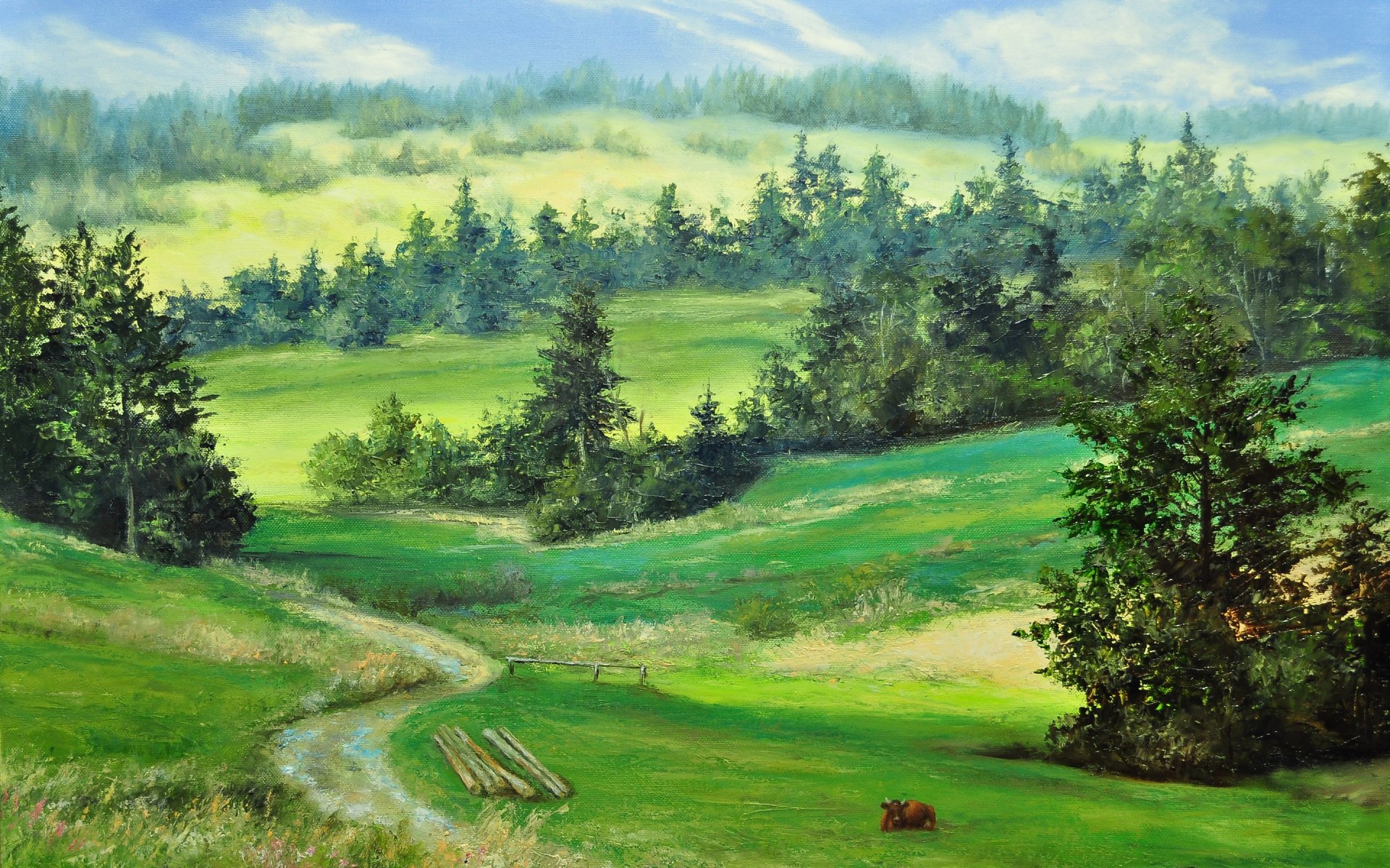 Artistic HD desktop wallpaper featuring a serene landscape with rolling green hills, scattered trees, and a winding dirt path under a bright blue sky.