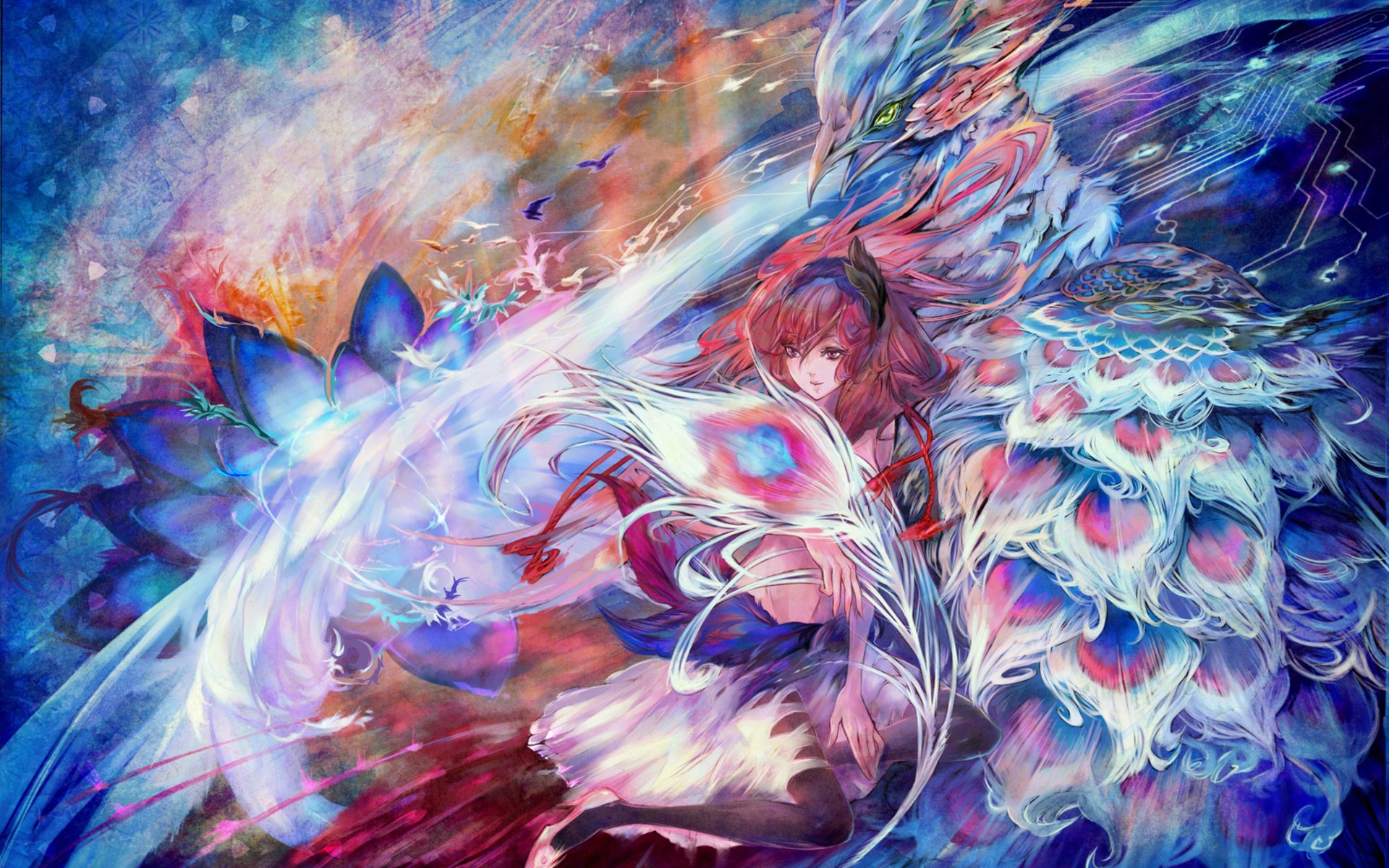 HD fantasy-themed desktop wallpaper featuring a woman with vibrant, colorful wings, set against a dynamic, artistic backdrop.