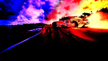 HD wallpaper featuring a dynamic race car speeding on a track with a vivid, colorful sky in the background.