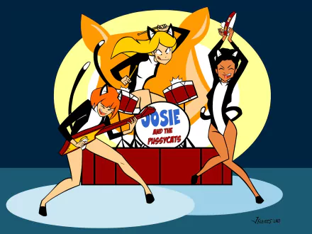 HD desktop wallpaper of Josie and the Pussycats from the TV show, featuring the trio performing on stage with musical instruments against a bold yellow background.