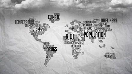 A black and white world map featuring impactful words like climate, racism, and population, designed as an HD desktop wallpaper and background, reflecting global issues.