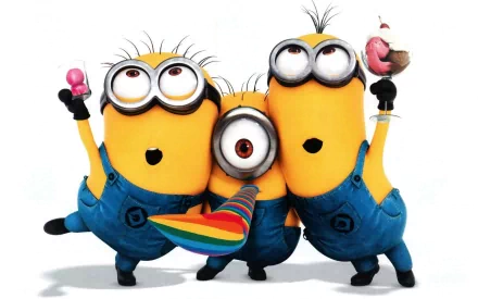 Three playful Minions from Despicable Me 2 celebrate with colorful props and treats in this vibrant HD desktop wallpaper and background.