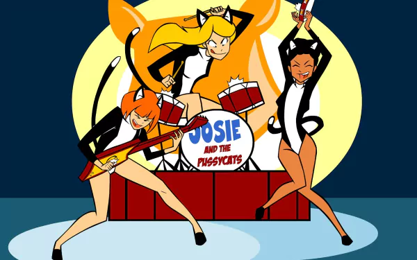 HD desktop wallpaper of Josie and the Pussycats from the TV show, featuring the trio performing on stage with musical instruments against a bold yellow background.