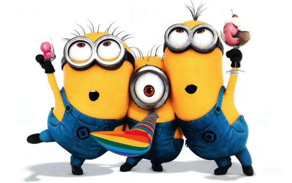 Three playful Minions from Despicable Me 2 celebrate with colorful props and treats in this vibrant HD desktop wallpaper and background.