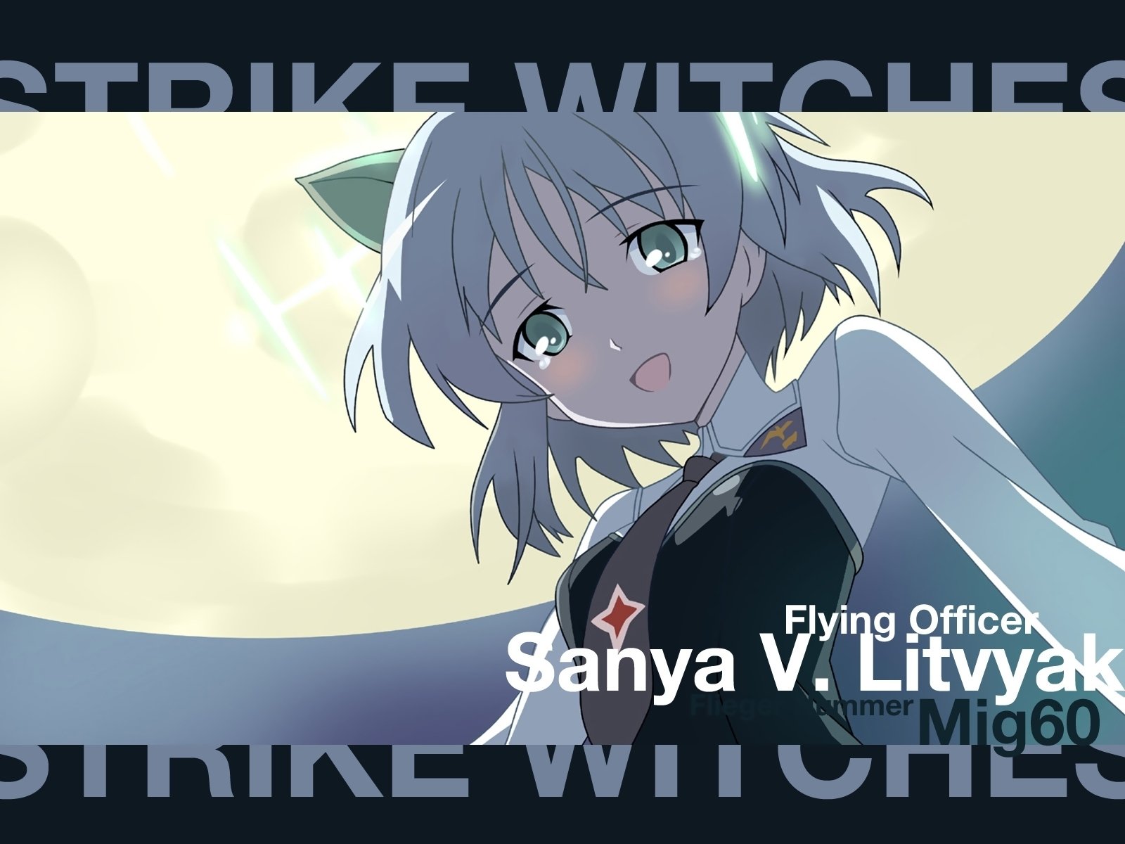 HD anime desktop wallpaper featuring Sanya V. Litvyak from Strike Witches, depicted in her Flying Officer uniform with a Mig-60 background.