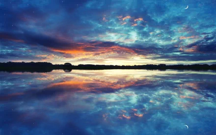 HD desktop wallpaper featuring a vibrant sunset with dramatic clouds reflected over a tranquil lake.