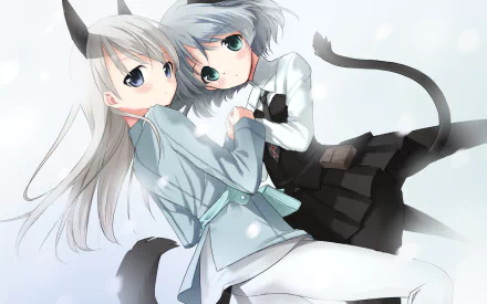 HD anime desktop wallpaper featuring two characters from Strike Witches with cat ears and tails in a soft, snowy background.