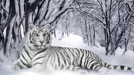 HD desktop wallpaper featuring a majestic white tiger reclining in a snowy forest background.