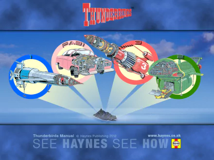 HD PC wallpaper: Thunderbirds TV show and United States Air Force Thunderbirds theme—stylized Thunderbird craft cutaways in red, blue and green circles over a blue sky backdrop.