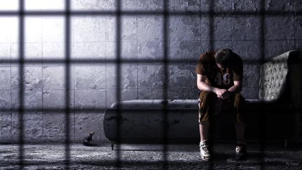 HD desktop wallpaper showing a man alone in a dimly lit prison cell with a rat nearby, shadows cast by barred windows creating a somber, isolated atmosphere.