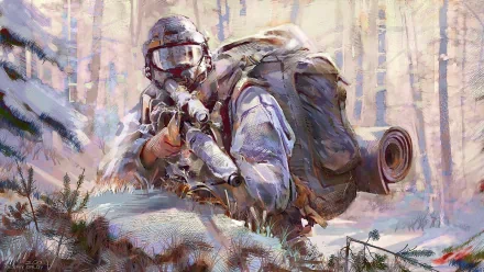 A soldier in winter camouflage kneels among snow-covered trees, clutching a rifle, creating a striking military-themed HD desktop wallpaper.
