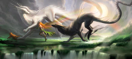 A vibrant fantasy scene featuring a warrior with flowing orange hair running alongside a majestic white dragon and a sleek black dragon, set against a mystical landscape. HD wallpaper and background.